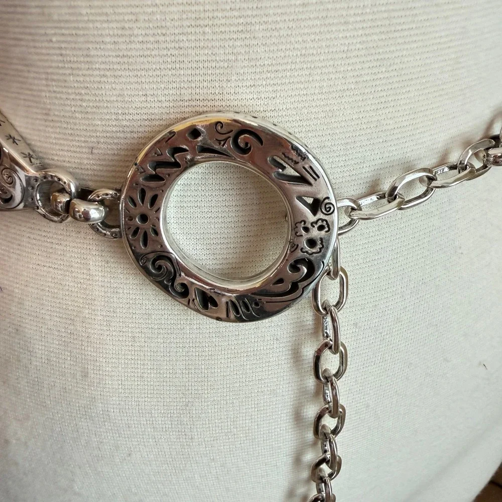 Brighton Braided Leather Silver Tone Chain Belt Size Medium Heart Medallion